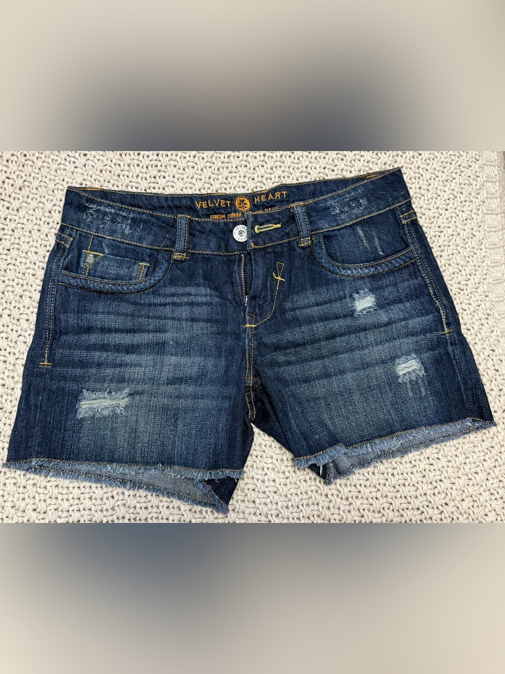 Velvet Heart dark blue denim shorts with gold embroidery- Size 26